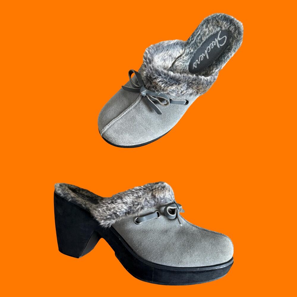 00's vintage gray suede faux fur coquette y2k chunky clogs US Size 9 skechers